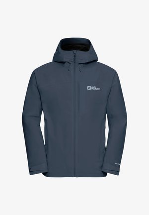 Marineblaue wasserdichte Jacke mit Reißverschluss vorne, verstellbarem Kapuzenrand und Logo auf der linken Brust. Glatte Außenseite mit elastischen Bündchen.