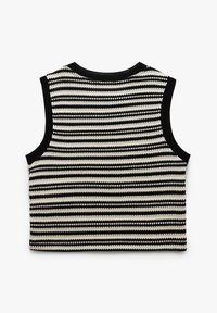 Gehaakte crop tanktop in zwart en crème met horizontale strepen, ronde halslijn, en ribgebreide mouwen en onderrand. Geen sluitingen of versieringen.
