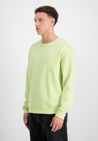 Lys grøn sweatshirt lavet af blødt stof, med ribbet krave og manchetter, og et lille hvidt logo på brystet. Båret med mørke bukser.