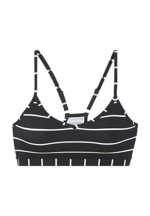 Mustat ja valkoiset raidalliset bikinitopit, joissa on säädettävät olkaimet, V-mallinen kaula-aukko ja tasainen musta vyötärönauha. Sileä pinta.