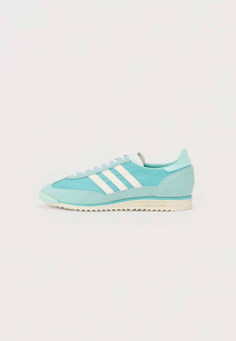 Adidași atletici de culoare teal, cu superior din suede și plasă. Au trei dungi albe, șirete de culoare albastru deschis și o talpă din cauciuc texturat.