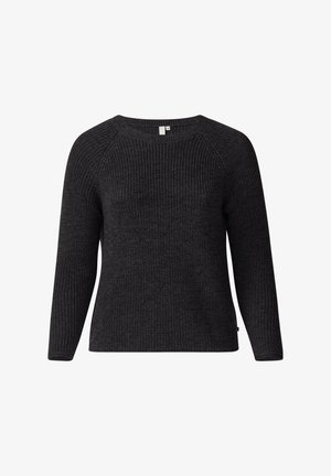 Maglione lavorato a maglia grigio scuro con collo a giro, maniche lunghe a raglan e texture a coste. Presenta un orlo dritto e un branding minimale.