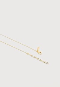 Λεπτό χρυσό κολιέ με αλυσίδα, κούμπωμα με κρίκο-αντικραδασμικό και σύντομη επέκταση από ορθογώνιους κρίκους σε απλό ανοιχτό φόντο.