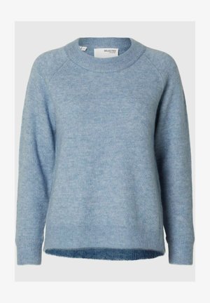Világoskék pulóver puha kötött anyagból. Kerek nyakkivágású, hosszú ujjú és bordás mandzsettákkal és aljjal rendelkezik. Egyszerű dizájn, minta nélkül.