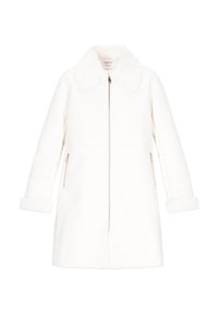 Witte mid-length jas met nepbont kraag en manchetten, voorkant met rits en twee ritszakken aan de zijkant.