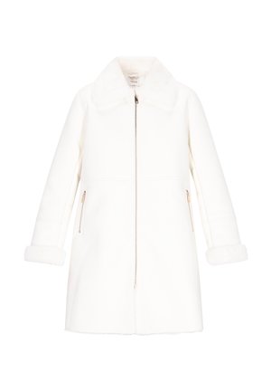 Manteau mi-long blanc avec col et poignets en fausse fourrure, fermeture éclair à l'avant et deux poches latérales zippées.