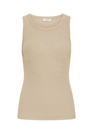 Beige, mouwloze tanktop gemaakt van ribstof. Kenmerkt zich door een klassieke ronde halslijn en een aansluitende vorm. Gladde textuur, minimale naden.