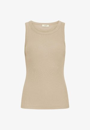 Beige, mouwloze tanktop gemaakt van ribstof. Kenmerkt zich door een klassieke ronde halslijn en een aansluitende vorm. Gladde textuur, minimale naden.