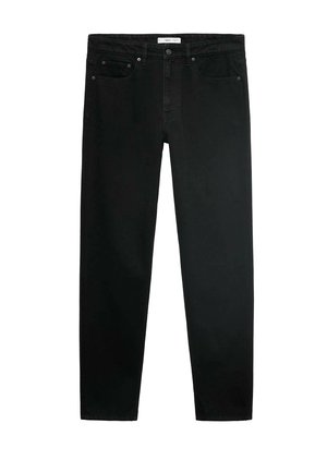 Zwarte denim straight-leg jeans met een klassieke vijf-pocketontwerp, metalen knoopsluiting en subtiele stikdetails, gladde textuur.