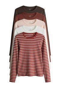 Nabor petih dolgih majic z dolgimi rokavi v različnih barvah: temno rjava, bordo z belimi črtami, roza, bela in svetlo siva. Material iz bombaža.