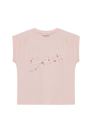 Lichtroze T-shirt met korte mouwen en een ronde hals, met een bloemenafbeelding en de tekst "Life is Sweet" in roze en wit aan de voorkant.