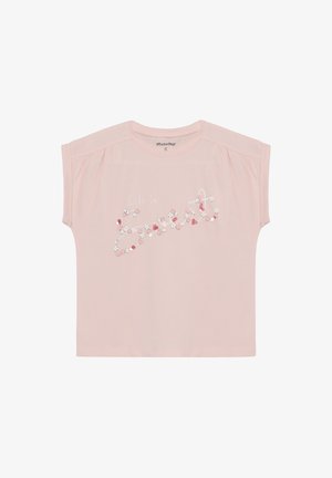 T-shirt rose clair à manches courtes avec un col rond, présentant un motif floral "La vie est douce" en rose et blanc sur le devant.