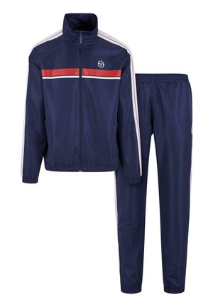 Tumedat sinise värvusega dressid, mis on valmistatud siledast kangast. Kapp on lukuga ja sellel on punased ja valged triibud, koos vastava elastse paelaga pükstega.