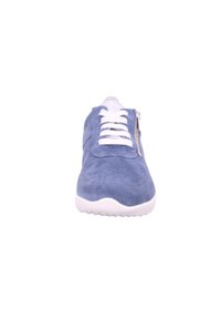 Blue suede sneaker with white laces, perforated upper, subtle stitching, and side zipper. Rubber sole with textured grip.