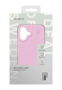 Pink silicone case for iPhone 16 in matte finish. Features a cutout for lens area and packaging with product details printed in gray.