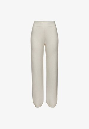 Light beige wide-leg pants made from soft, textured fabric. Features an elastic waistband and ribbed cuffs at the ankles.