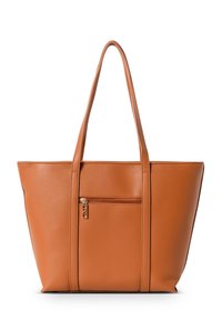 Tote-Bag aus synthetischem Material in Tan mit zwei langen Griffen, einer strukturierten Oberfläche und einer vorderen Reißverschlusstasche. Strukturierte Form mit vertikalen Nähten.