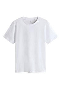 T-shirt blanc uni à manches courtes et col rond, présenté sur une surface plane sans motifs ni logos visibles.