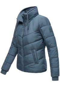 Gevoerde jas in leisteengrijs, met een hoge kraag, ritssluiting, elastische manchetten en een zijzak met branding. Gladde textuur, chevronpatroon.