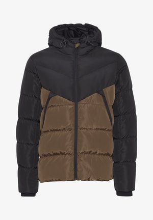 Pufi dzseki fekete felső résszel és barna alsó résszel, kapucnival, cipzáras zsebekkel, és a fronton hegyes mintázattal.