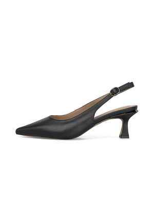 Zapato de salón tipo slingback de cuero negro con punta puntiaguda, tacón bajo curvado y correa ajustable con hebilla.