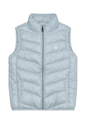 Gilet imbottito azzurro con colletto alto, chiusura frontale con zip e tasche laterali. Presenta una trapuntatura a chevron e un piccolo logo sul petto.