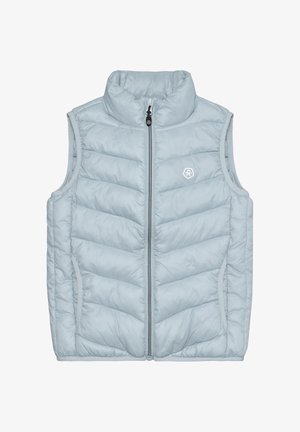 Lichtblauwe gewatteerde bodywarmer met hoge kraag, ritssluiting aan de voorkant en zijzakken. Heeft chevron-stiksels en een klein logo op de borst.