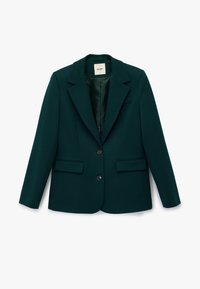 Donkergroene blazer met een gestructureerd ontwerp, met notch revers, twee voorzakken en een enkele knoopsluiting. Gladde stof met een satijnen voering.