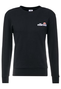 Sudadera negra de manga larga hecha de algodón con cuello redondo, que presenta un pequeño logo blanco de "ellesse" y puños y dobladillo acanalados.