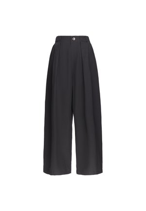 Zwarte broek met wijde pijpen en hoge taille, voorplooien, knoopsluiting en zonder zichtbare zakken.