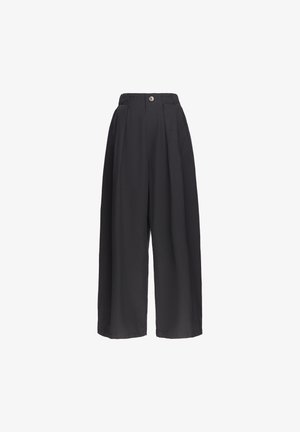 Black wide-leg high-waist pants with front pleats, button closure, and no visible pockets.