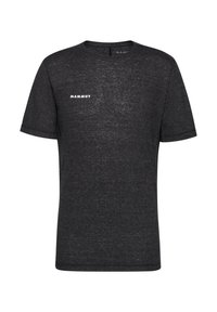 Zwarte T-shirt met korte mouwen van gestructureerde stof, voorzien van een wit "MAMMUT" logo op de borst, met een ronde halslijn en rechte snit.