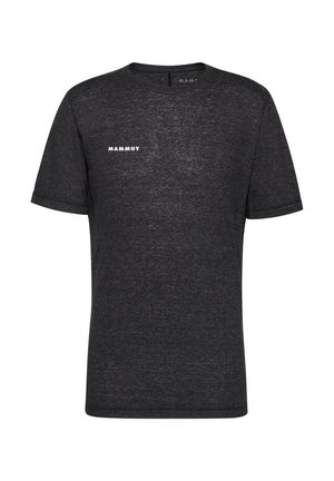 Short-sleeve black T-shirt made of textured fabric featuring a white "MAMMUT" logo on the chest, with a round neckline and straight cut.