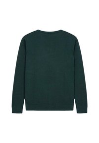 Jersey de punto verde oscuro con mangas largas, cuello redondo y puños y dobladillo de canalé. Textura suave, sin patrones ni acentos visibles.