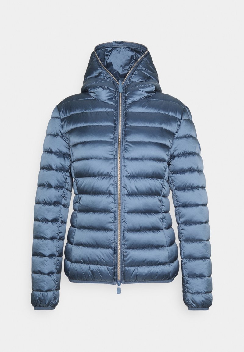 Padded blue jacket with a hood, featuring a front zipper and horizontal stitching for insulation. Smooth texture and lightweight design.