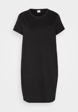Black short-sleeve dress featuring a round neckline, relaxed fit, and a small chest pocket. Made from lightweight, textured fabric.