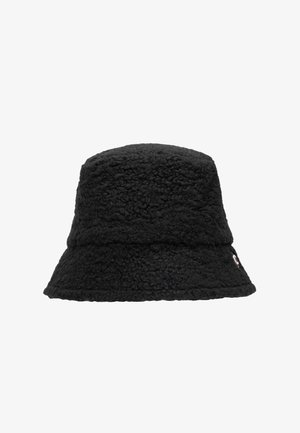 Cappello a secchiello nero realizzato in tessuto morbido e strutturato. Presenta un bordo piegato e un piccolo logo sul lato.
