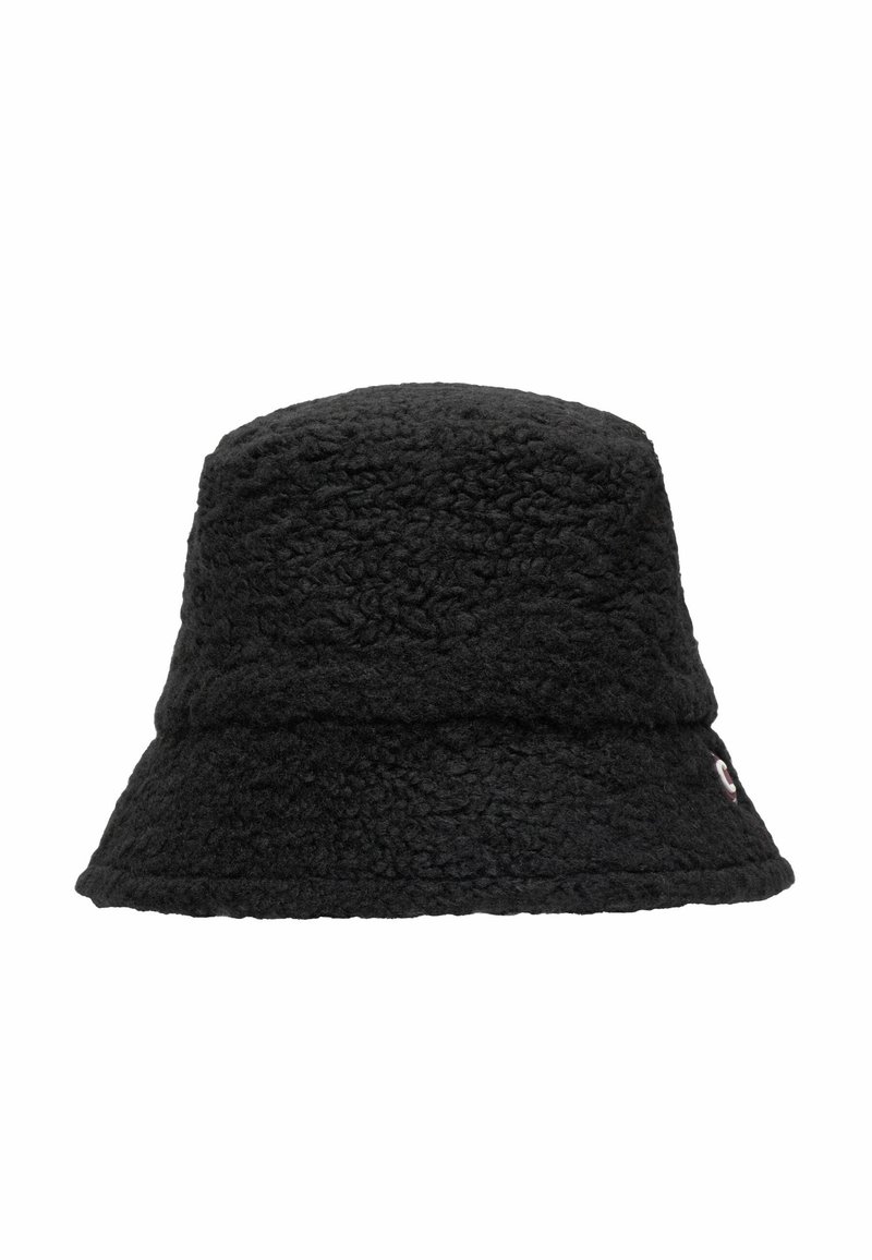 Melnas ķiveres cepure, izgatavota no teksturētas, pūkainas auduma. Iespējojama locīta malā un mazs logs sānos.