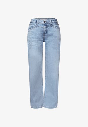 Hellblaue Jeans mit geradem Bein, vorderer Knopfleiste, Gürtelschlaufen und dezenten Used-Effekten an den Hüften.