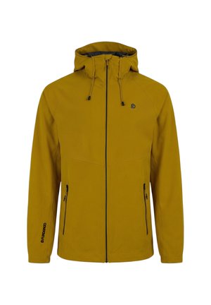 Mosterdgele gewatteerde jas met capuchon, ritssluiting aan de voorkant, twee ritssluiting-zijzakken, trekkoord aan de capuchon en kleine logo's op de borst en mouw.