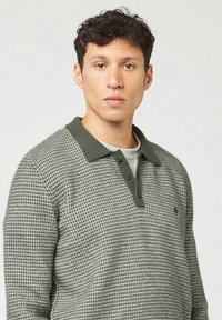 Jonge man met korte, krullende haren, gekleed in een groene gebreide polo met een patroon en een donkere kraag en knopenrij, kijkt recht vooruit.