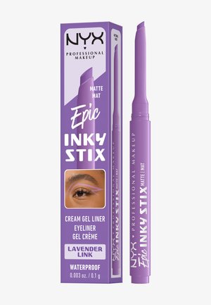 Eyeliner gel crème mat NYX Epic Inky Stix violet avec pointe biseautée et emballage montrant un exemple de maquillage des yeux. Couleur : Lavender Link. Waterproof.