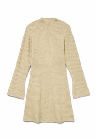Robe en tricot côtelé beige avec un col montant et des manches évasées, dotée d'un corsage ajusté et d'une silhouette en A. Texture douce et détails minimalistes.