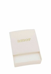 Scatola rettangolare bianca con coperchio curvo, con la scritta dorata "amor" sulla parte superiore e un interno morbido per riporre gli oggetti.