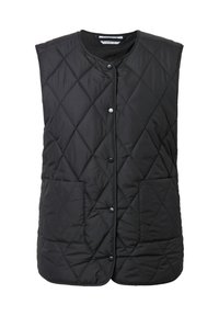 Schwarze gesteppten Weste mit rundem Halsausschnitt, Druckknopfverschluss und zwei vorderen Taschen. Hergestellt aus einem weichen Stoff mit glatter Textur.