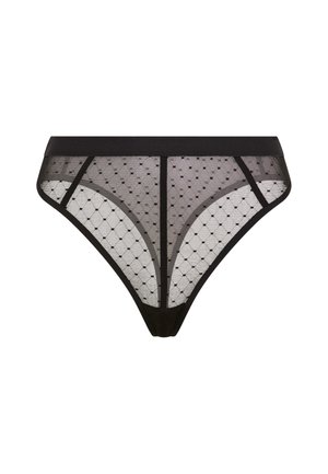 Μαύρο δαντελένιο στρινγκ με πουά μοτίβο, ημιδιαφανές ύφασμα, αντίθετη ζώνη μέσης και κλασικό τριγωνικό σχήμα.