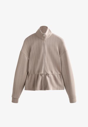 Beige jas met rits en hoge kraag, lange mouwen, verticale streepjessstructuur en verstelbaar trekkoord in de taille.