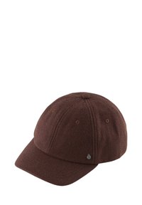 Casquette de baseball en laine marron avec une visière courbée, un design à six panneaux et des coutures visibles. Présente un petit accent de logo en métal sur le côté.