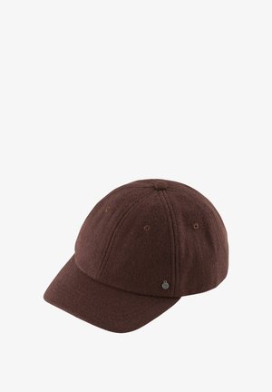 Brown wool baseball cap with a curved brim, six-panel design, and visible stitching. Features a small metal logo accent on the side.