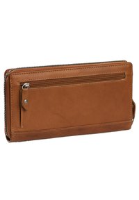 Portafoglio in pelle marrone con design a zip, caratterizzato da una texture liscia, una tasca posteriore con zip e un delicato dettaglio di cucitura.